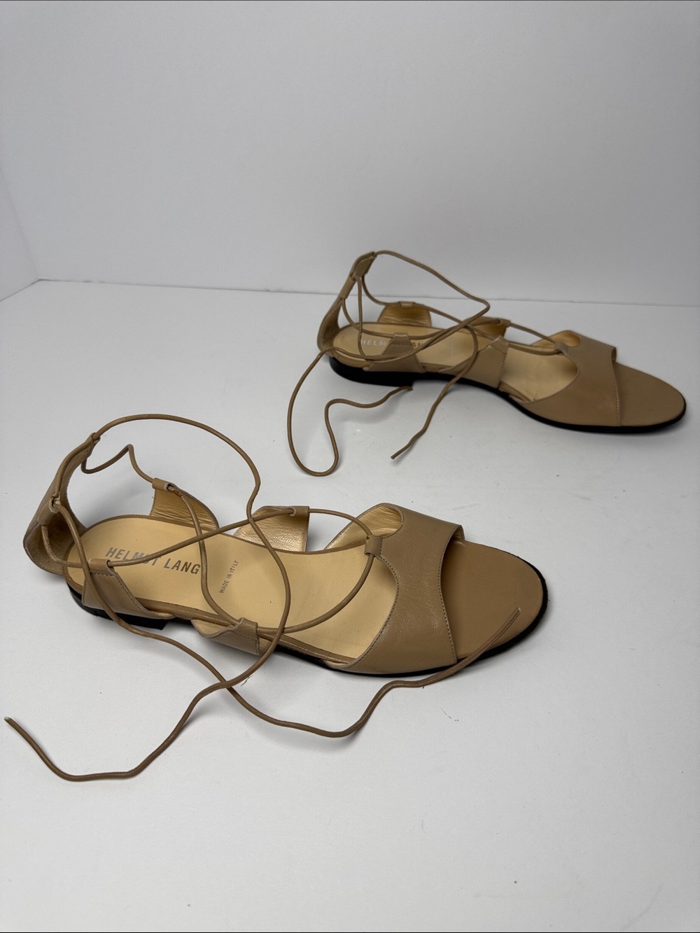 HELMUT LANG Minimal Neutral Beige Lace-Up Leather Flat Sandals Ankle Strap 37/7